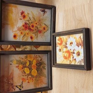 Vintage Mexican Mini wooden Framed Art Flowers Butterflies MCM